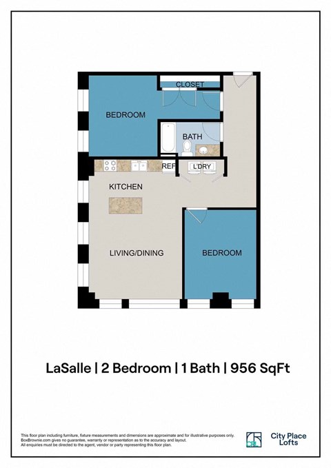 A floor plan for a 956 square foot home with two bedrooms and one bath.